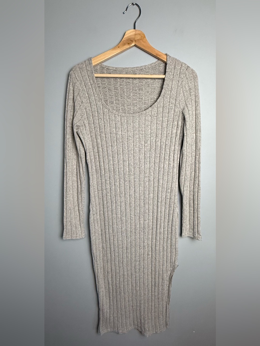 Ribbed Scoop Neck Long Sleeve Sweater Dress - Light Gray